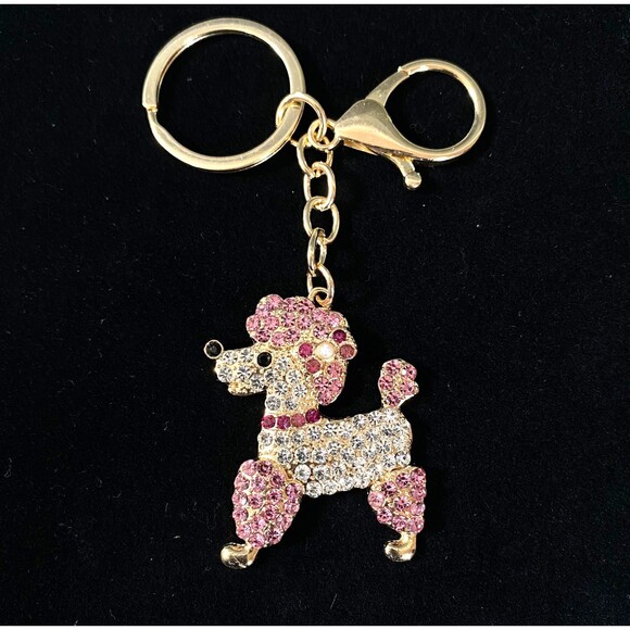 Poodle Rhinestone Charm Keychain Key Holder Pink White Gold Tone Metal New - Picture 2 of 11